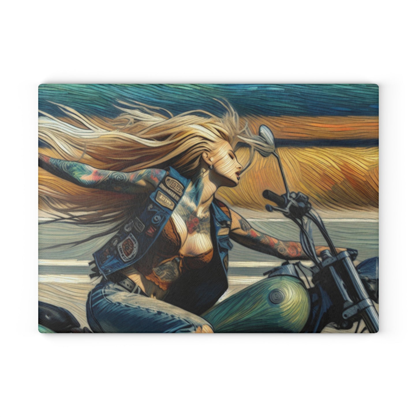 Biker Chic Glass Cutting Board | Unique Kitchen Decor, Gift for Her, Motorcycle Lover, Housewarming, Artful Cooking