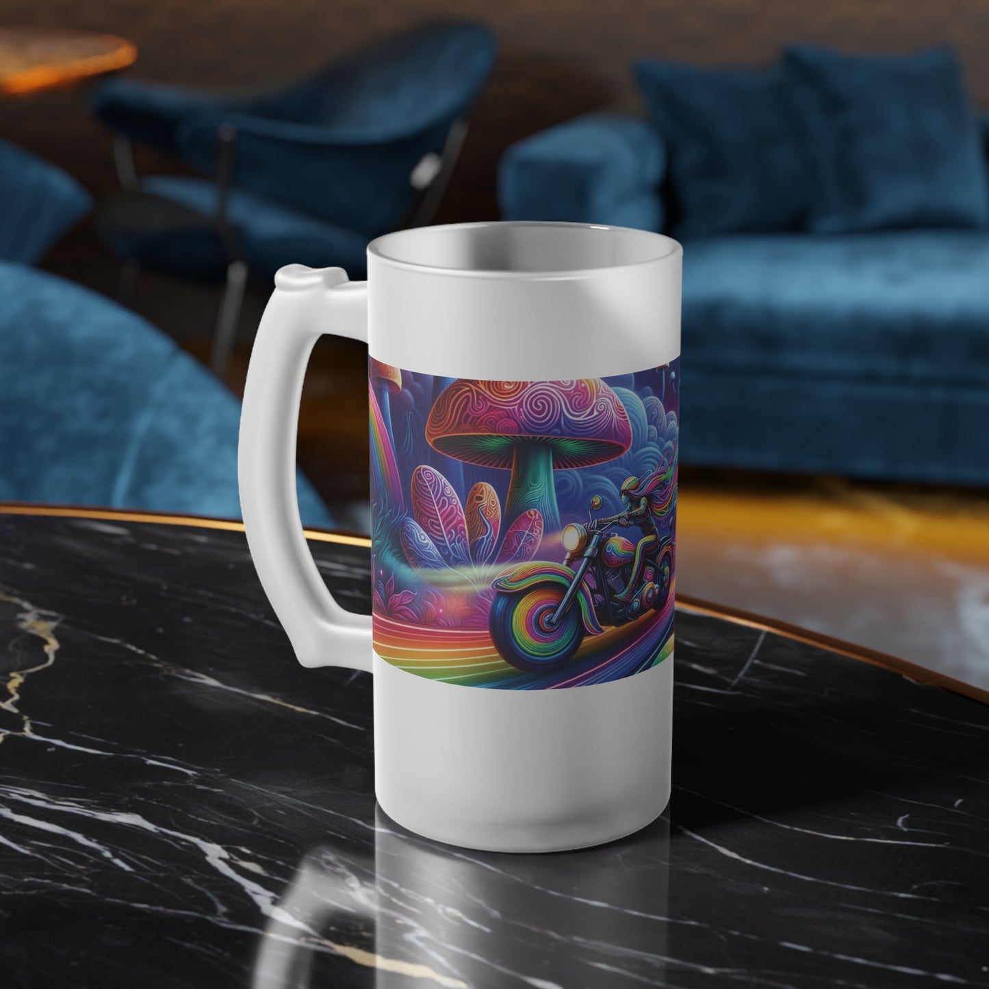 Frosted Glass Beer Mug - Freedom Rider Design for Bikers and Beer Lovers