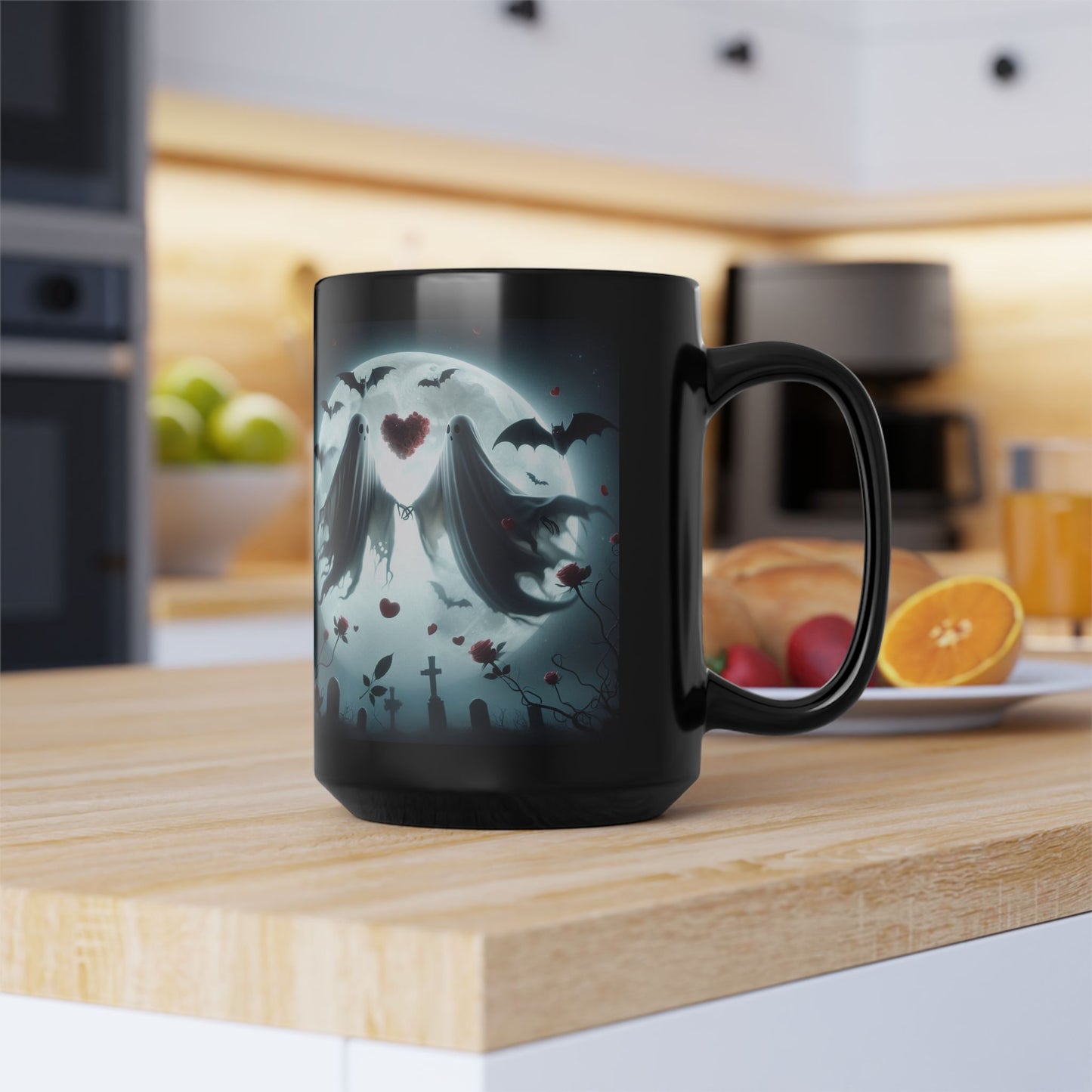 Mug - Halloween and Valentines Mix - Ghost Bride & Groom, Flowers, Bats, Hearts - 15oz