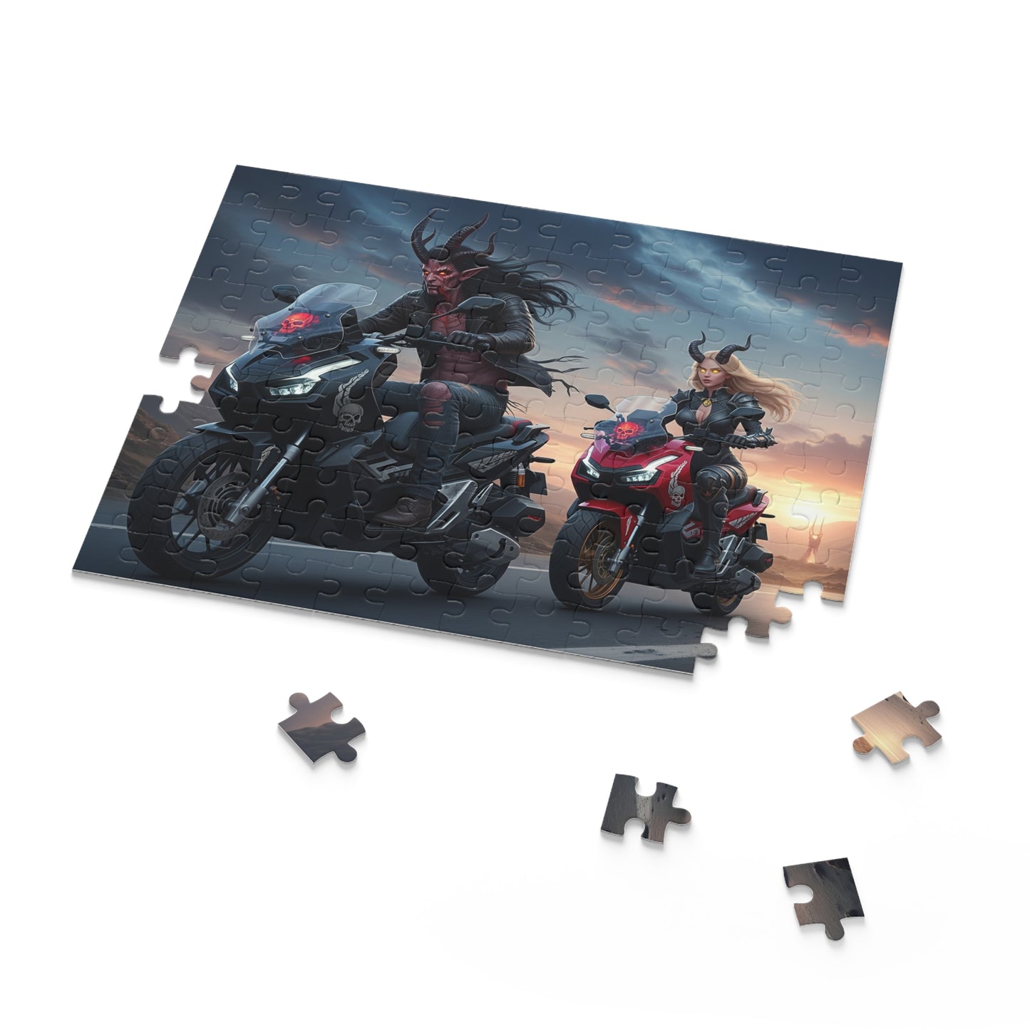 Demonic Biker Puzzle – 120, 252, 500-Piece Fantasy Jigsaw, Gift for Bikers, Gamers, Halloween Decor, Family Fun, Puzzle Lovers