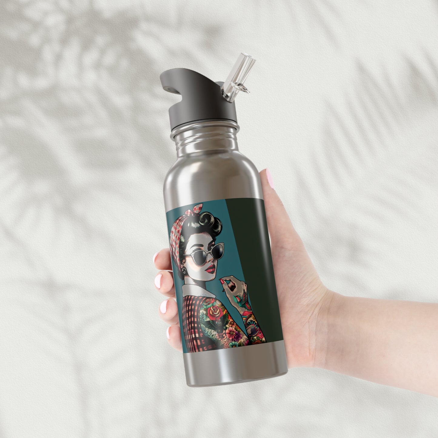 Water Bottle - Pinup in Sunglasses -Show Me Your Tats-Rosie the Riveter style