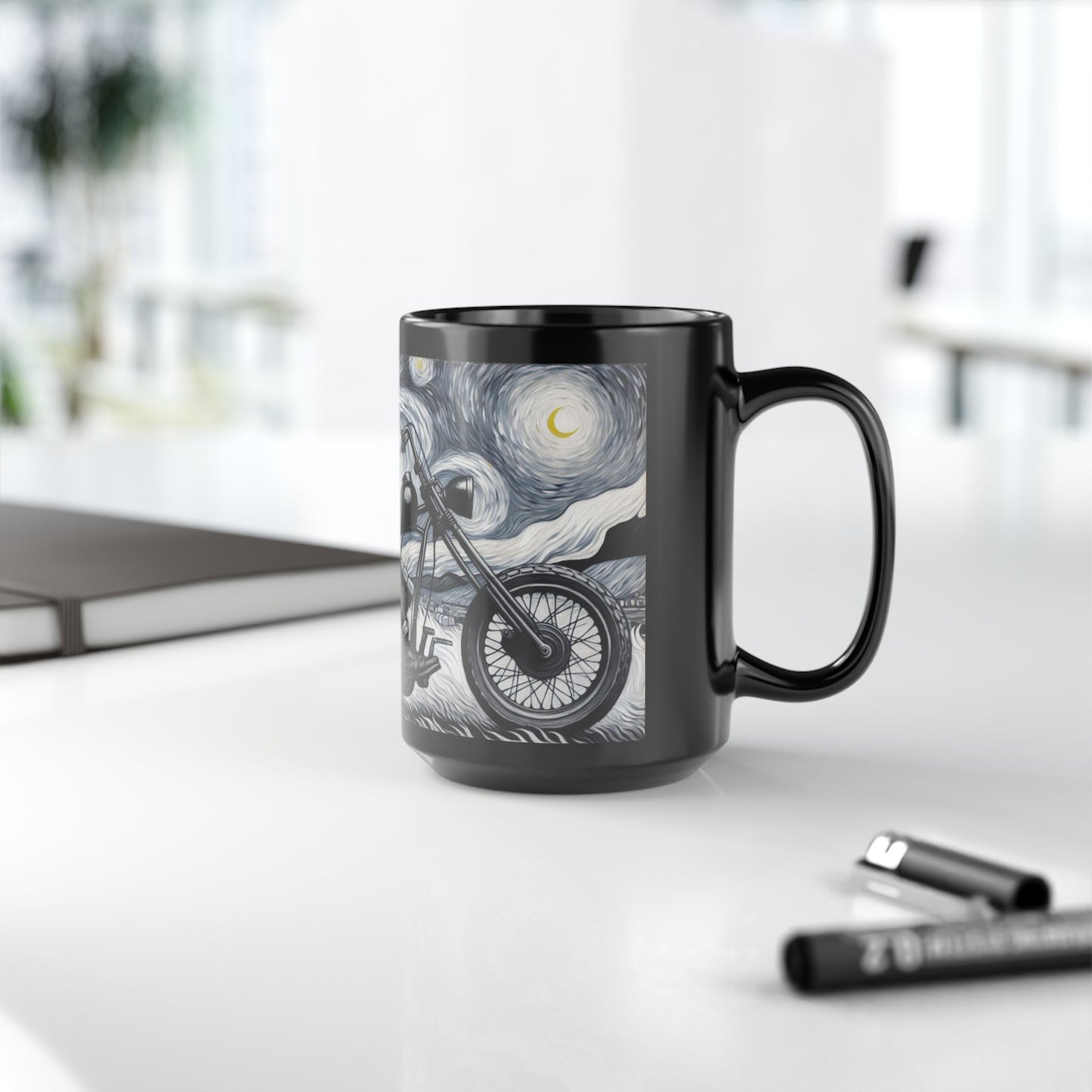 Starry Night Motorcycle Black Mug - 15oz Ceramic Coffee Cup for Bikers & Art Lovers