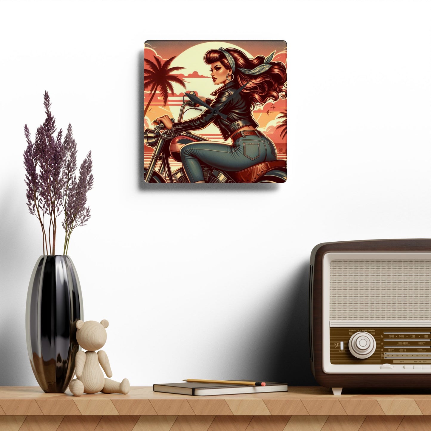 Acrylic Wall Clock - Girl Motorcycle Riding at the Beach