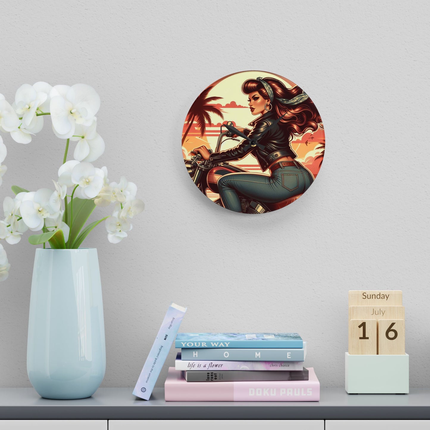 Acrylic Wall Clock - Girl Motorcycle Riding at the Beach