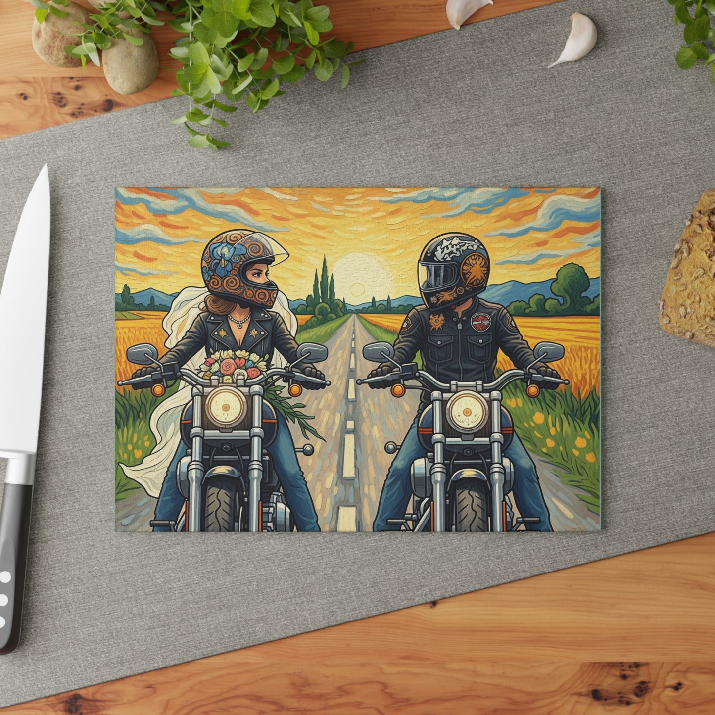 Biker Glass Cutting Board, Motorcycle Couple- Kitchen Decor, Wedding Gift, Unique Gift for Him or Her, Cooking Accessory