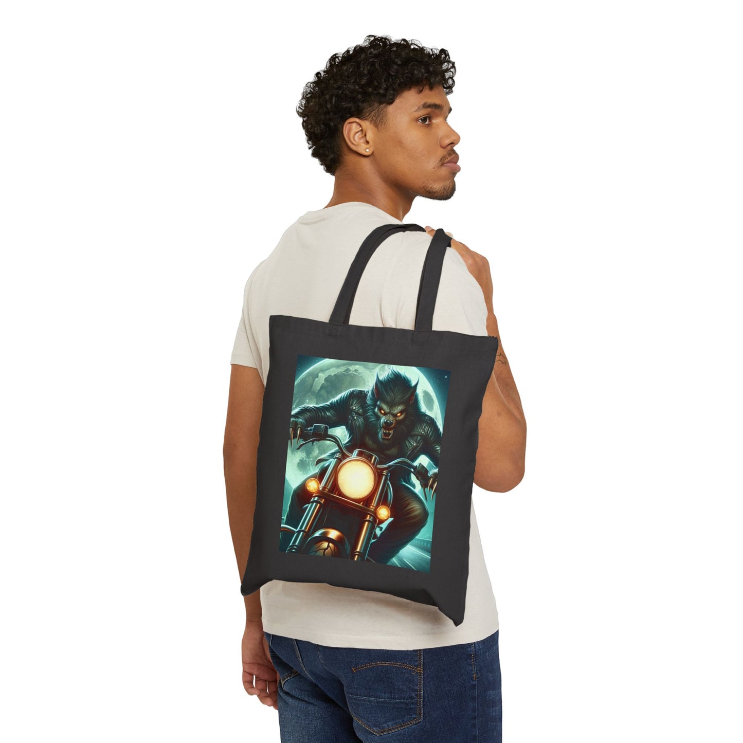 Werewolf Biker Graphic Tote Bag, Cool Canvas Shopping Bag, Unique Gift for Motorcyclists, Travel Tote, Stylish Everyday Bag