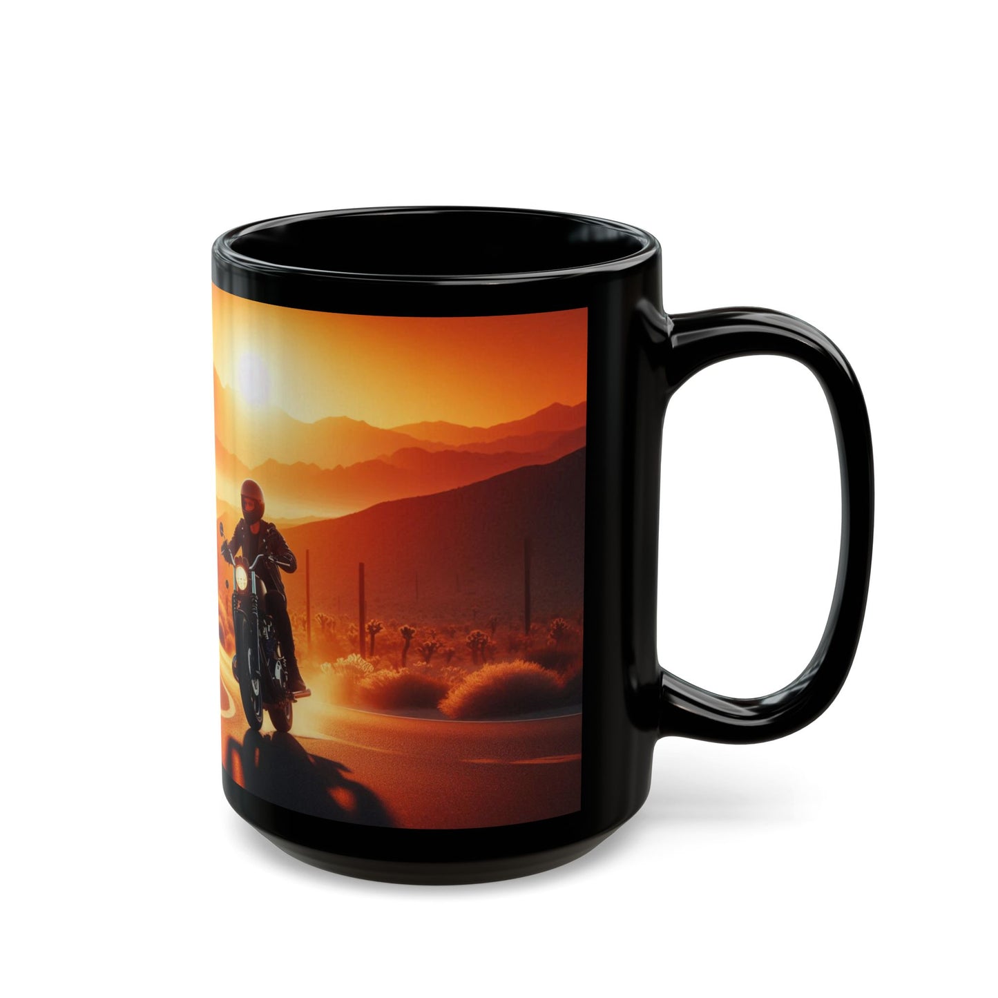 Mug: Motorcycle Ride at Sunrise- Black Coffee Cup