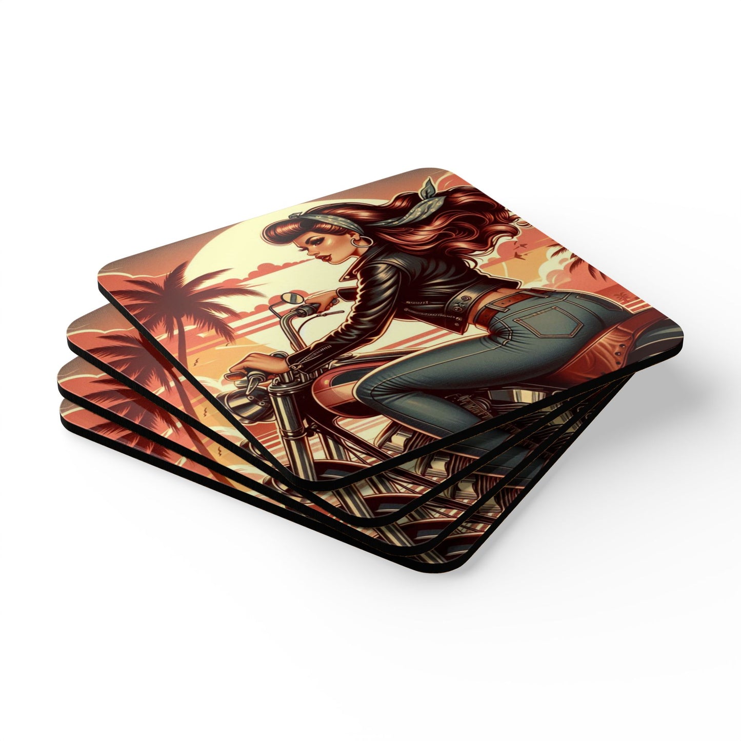 Coaster Set-Motorcycle Bar-Pinup Art-Man Cave