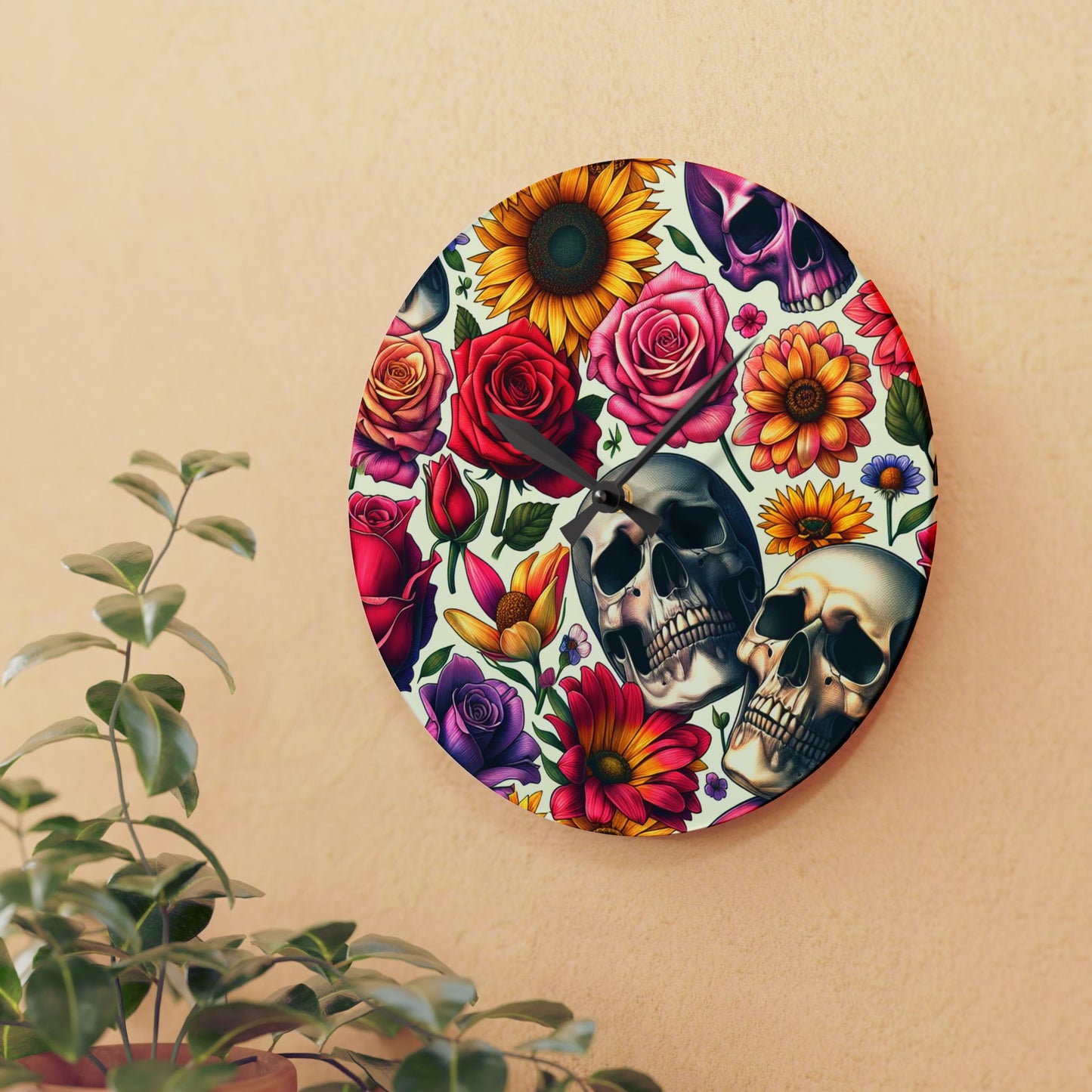 Acrylic Wall Clock-Skulls and Roses Pattern-Kitchen Clock