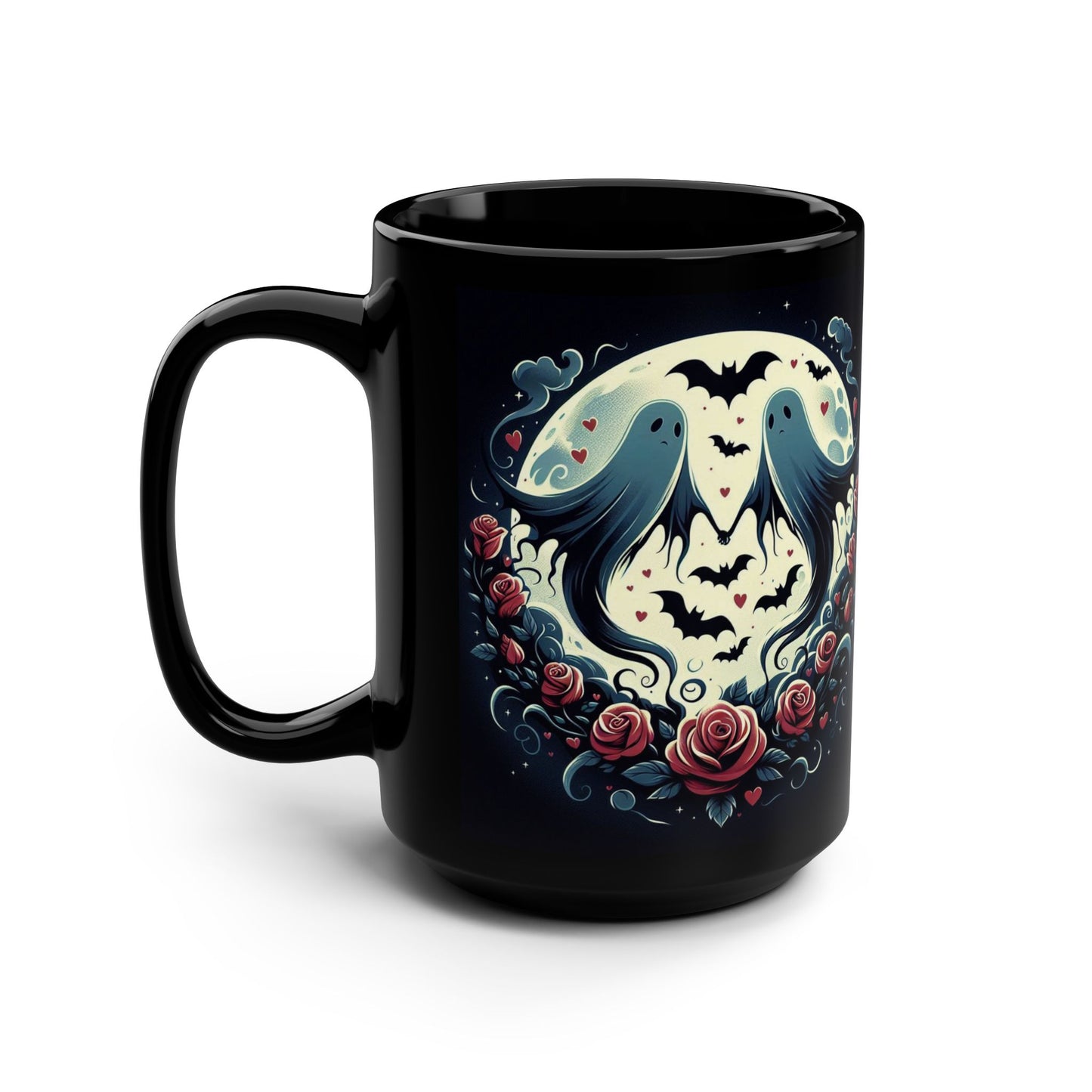 Mug - Halloween and Valentines Mix - Ghosts, Flowers, Bats, Hearts - 15oz