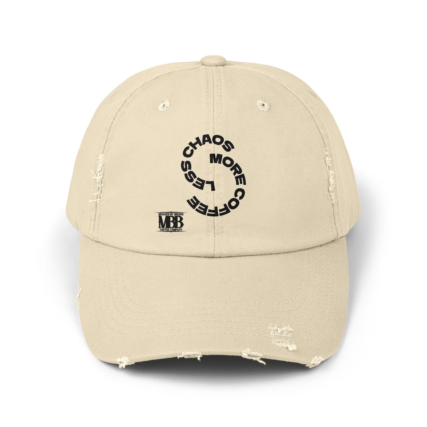 Distressed Unisex Cap with 'Less Chaos More Coffee' Design, Casual Headwear, Gift for Coffee Lovers, Trendy Hat, Relaxed Fit Cap