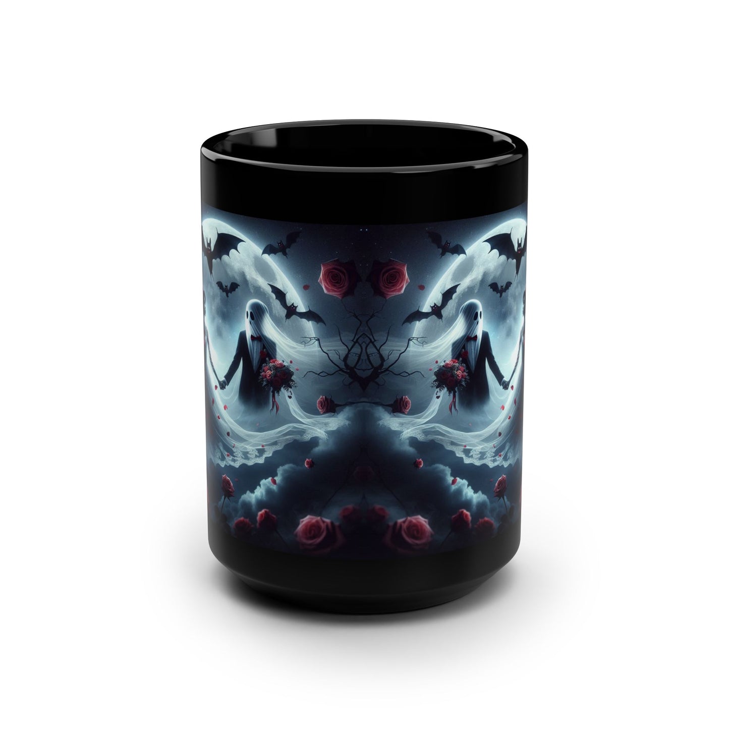 Mug - Halloween and Valentines Mix - Ghosts Bride & Groom, Bats, Hearts - Love Never Dies