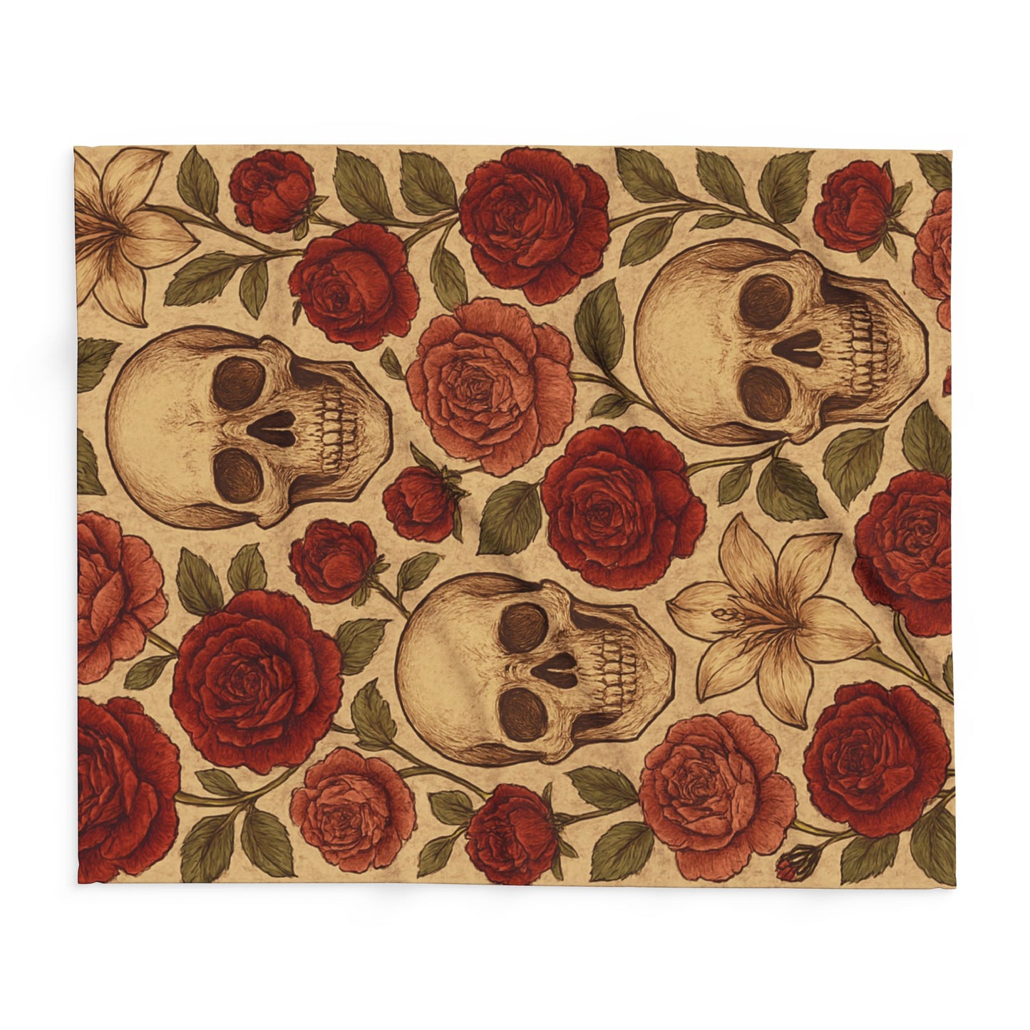 Fleece Blanket - Skulls and Floral Pattern in Creams and Reds