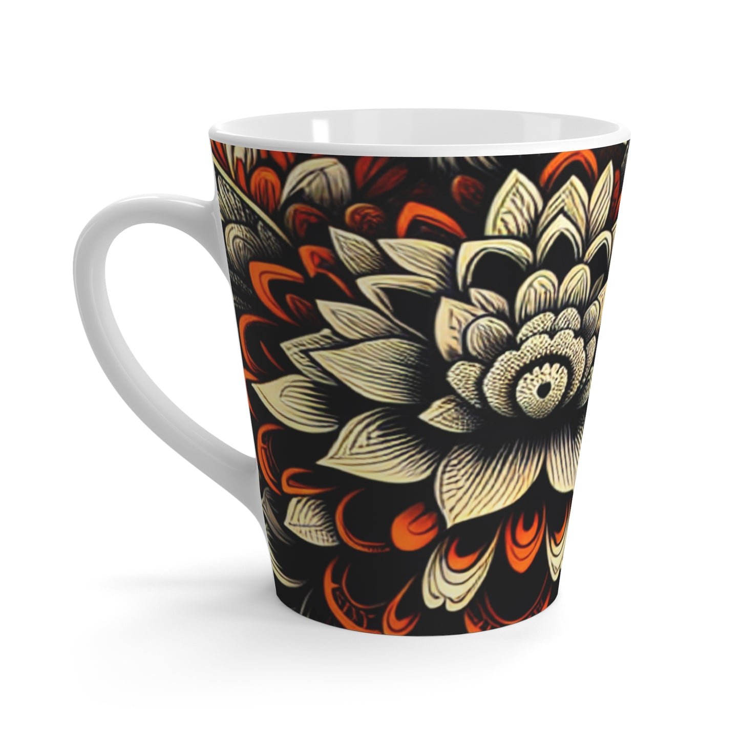 Latte Mug - Bold Orange and Black Lace- Floral Pattern-Coffee Cup