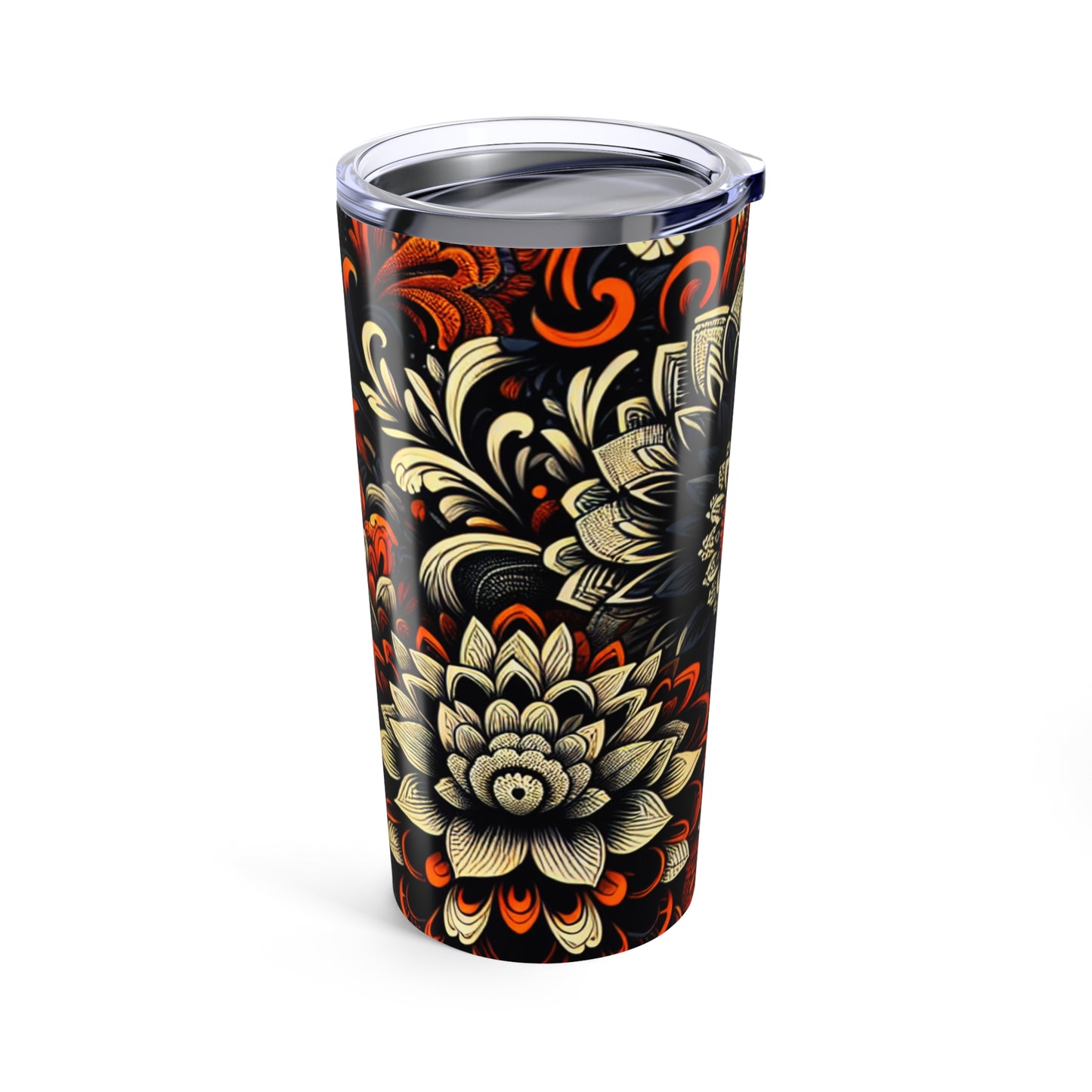 Travel Mug- Bold Black and Orange-Allover Floral Pattern