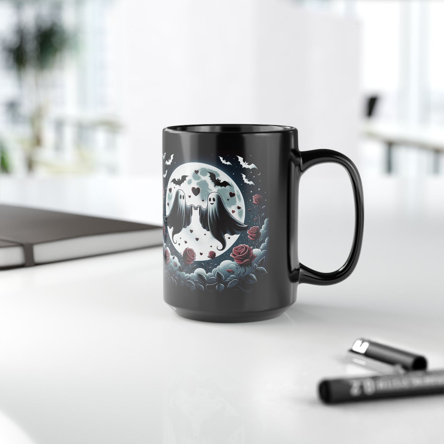 Mug -Spooky Soulmates-Halloween and Valentines Mash Up Design, Black Coffee Cup