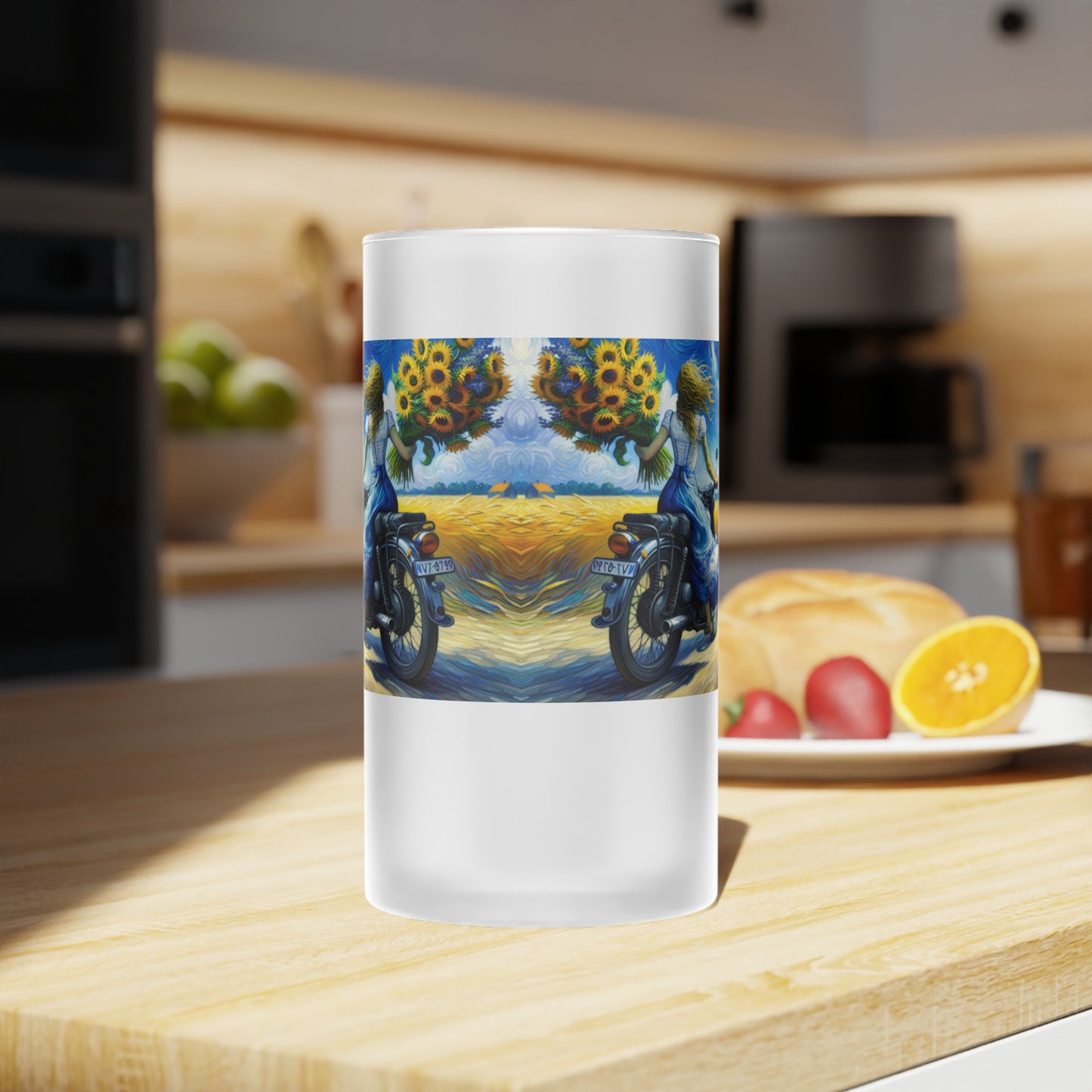 Frosted Glass Beer Mug - Perfect for Motorcycle Lovers & Sunflower Enthusiasts-Van Gogh Inspired Biker art