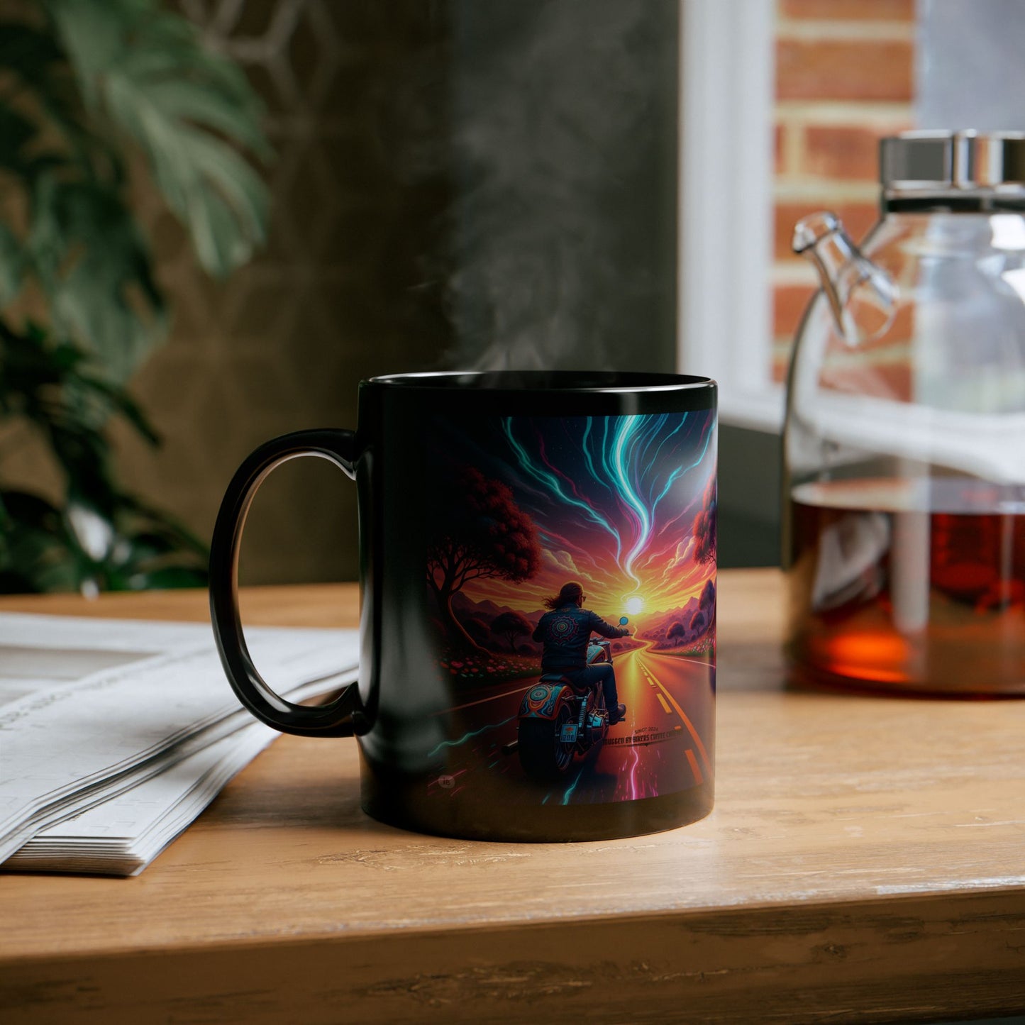 Vibrant Sunset Motorcycle Mug, Coffee Cup for Riders, Gift for Bikers, Road Trip Lover, Adventure Enthusiast