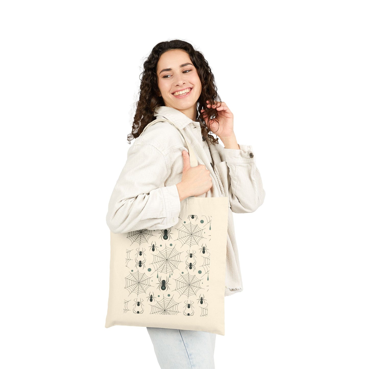 Halloween-Themed Cotton Canvas Tote Bag, Trick or Treat Bag, Spider Design Market Tote, Ghoul's Day Gift, Eco-Friendly Halloween Tote