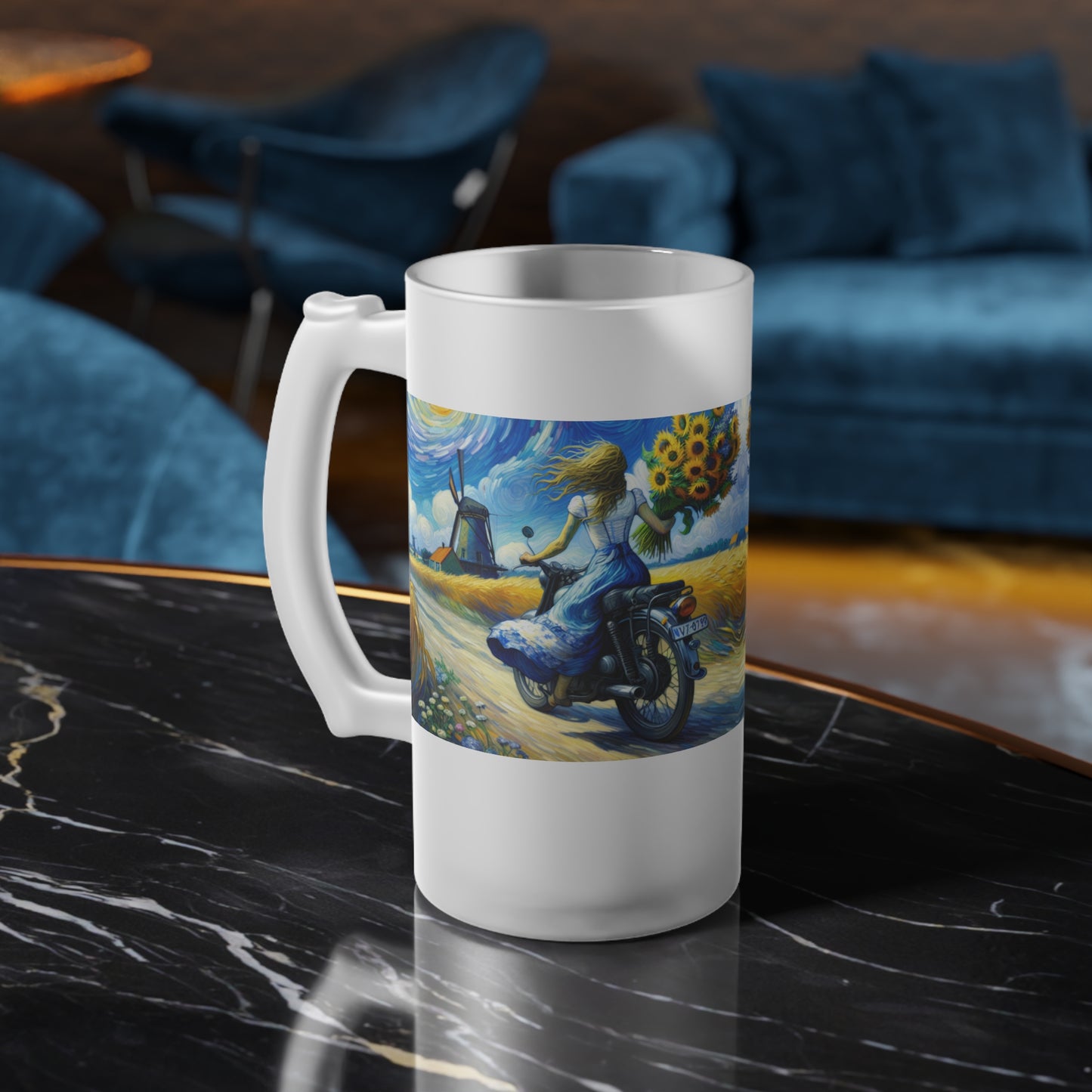 Frosted Glass Beer Mug - Perfect for Motorcycle Lovers & Sunflower Enthusiasts-Van Gogh Inspired Biker art