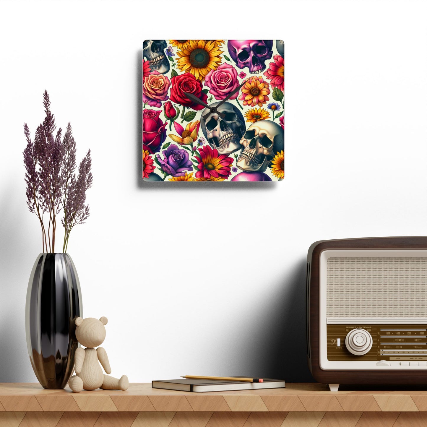 Acrylic Wall Clock-Skulls and Roses Pattern-Kitchen Clock