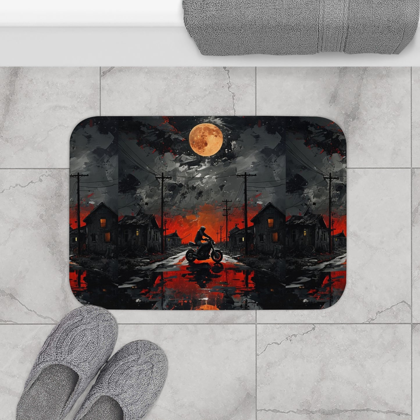 Bath Mat - Motorcycle ride at Sunset- Boho Home Decor, Unique Bathroom Rug, Gift for Bikers, Halloween Decor, Cozy Vibes