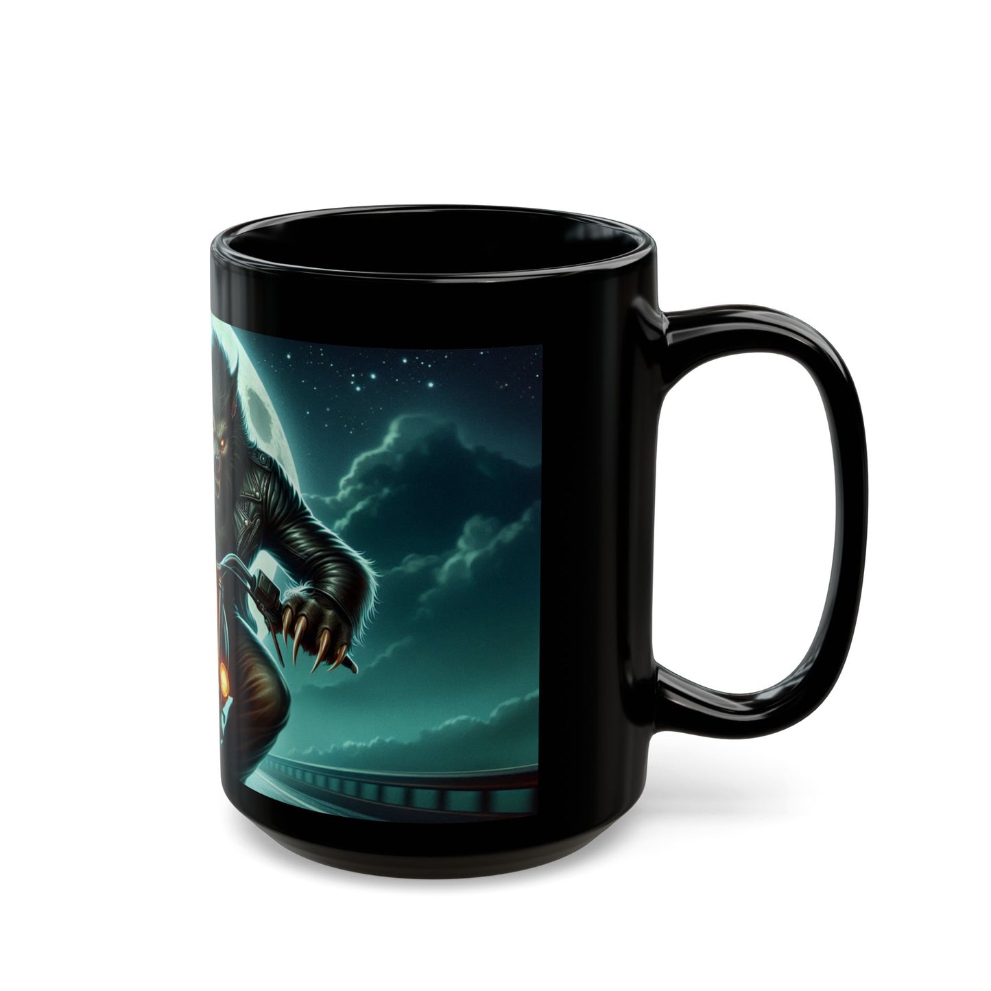 Werewolf Motorcycle Mug | Black Coffee Cup | Unique Gift for Bikers | Halloween Decor | Funny Wolf Mug 15oz