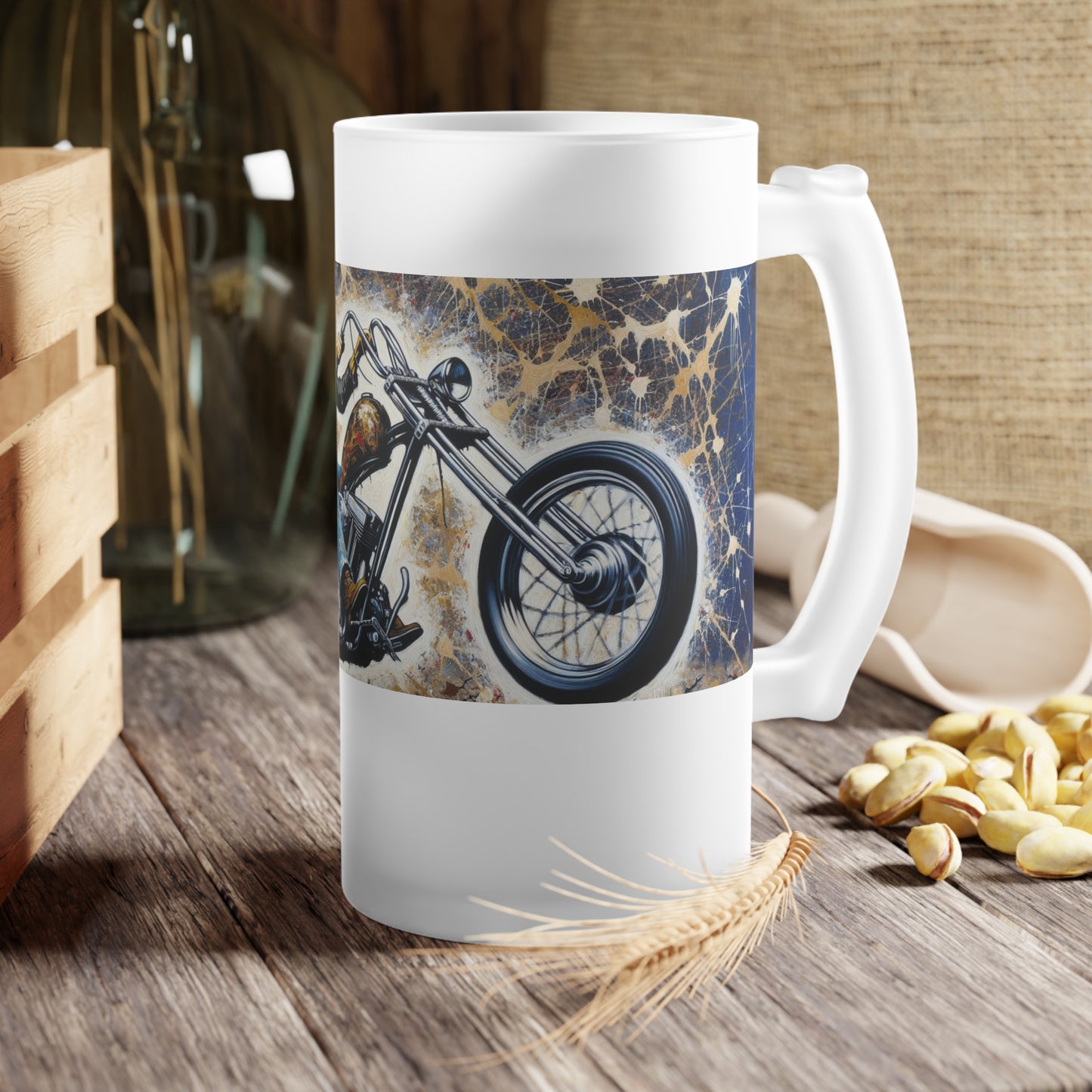 Frosted Glass Beer Mug | Vintage Motorcycle Design | Perfect Gift for Bikers