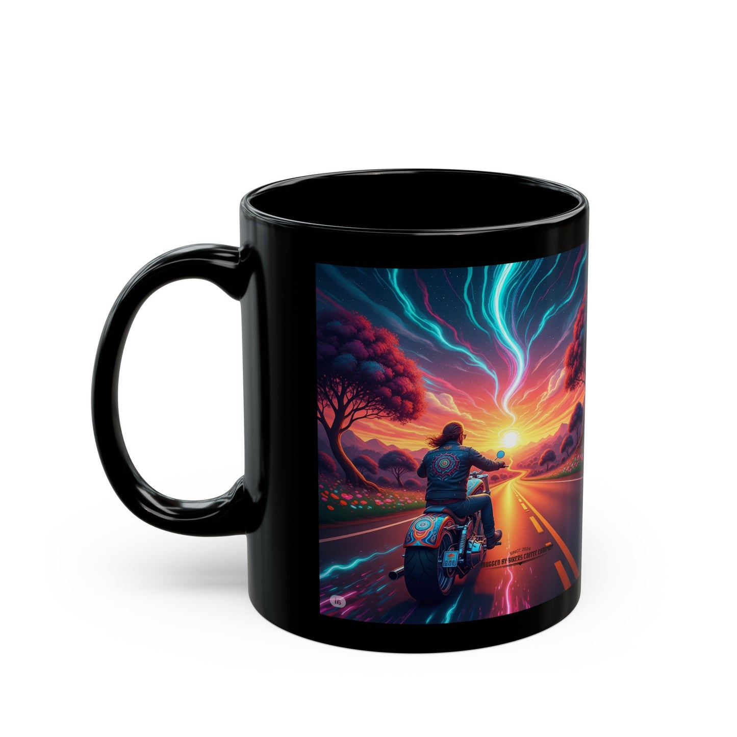 Vibrant Sunset Motorcycle Mug, Coffee Cup for Riders, Gift for Bikers, Road Trip Lover, Adventure Enthusiast