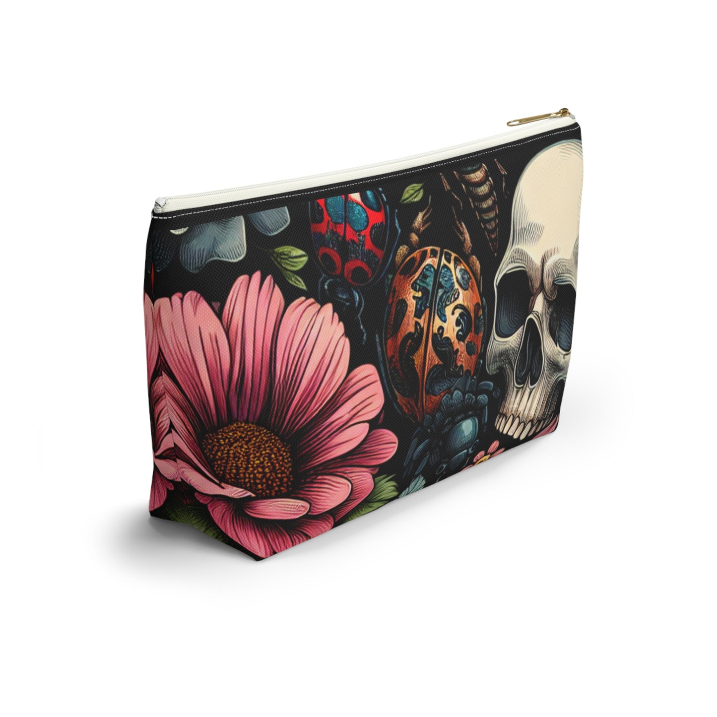 Gothic Floral Accessory Pouch, Makeup Bag, Travel Organizer, Gift for Her, Skull Design, Halloween Accessories, Motorcycle Bag