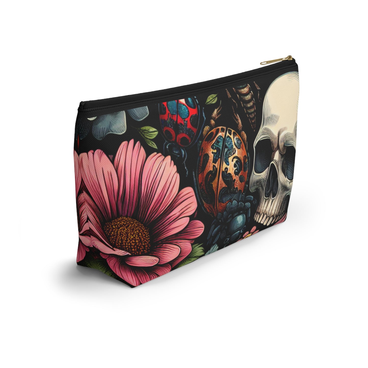 Gothic Floral Accessory Pouch, Makeup Bag, Travel Organizer, Gift for Her, Skull Design, Halloween Accessories, Motorcycle Bag