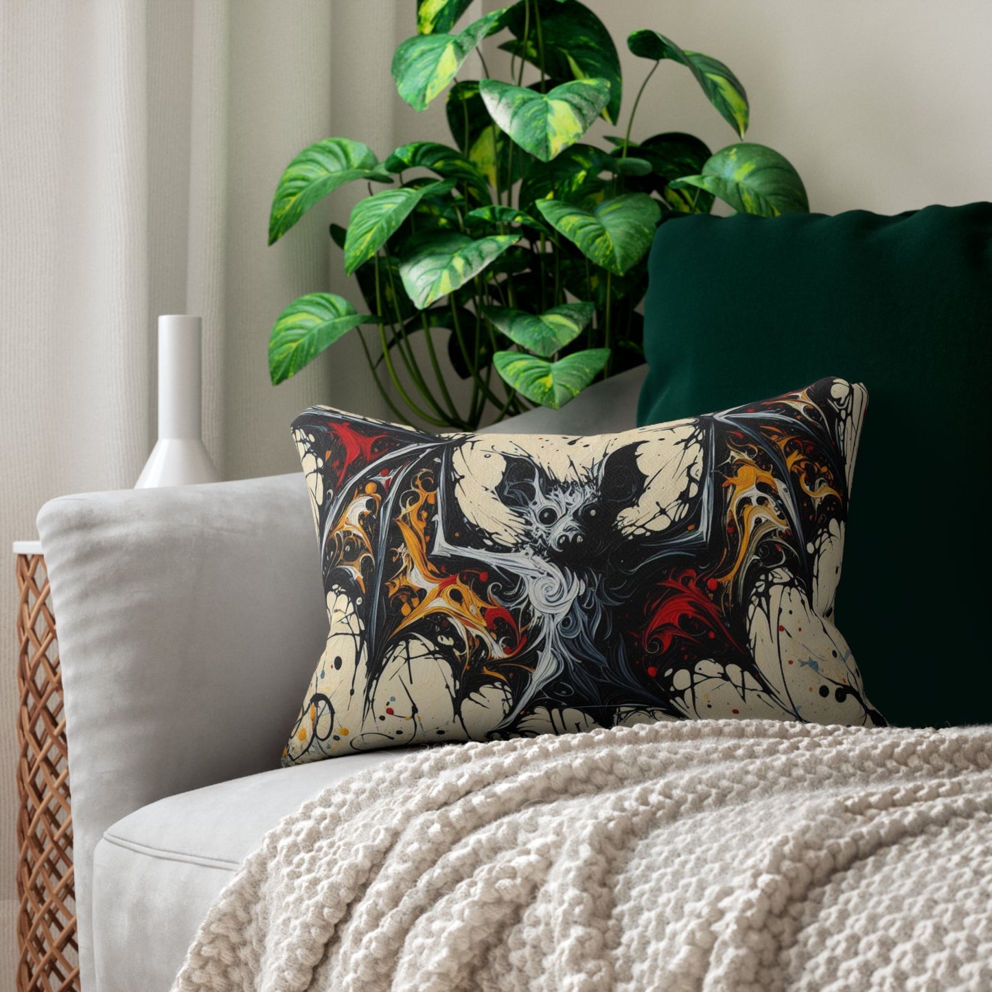 Gothic Art Lumbar Pillow | Spun Polyester, Home Decor, Halloween Throw Pillow, Unique Gift, Skull & Bat Design