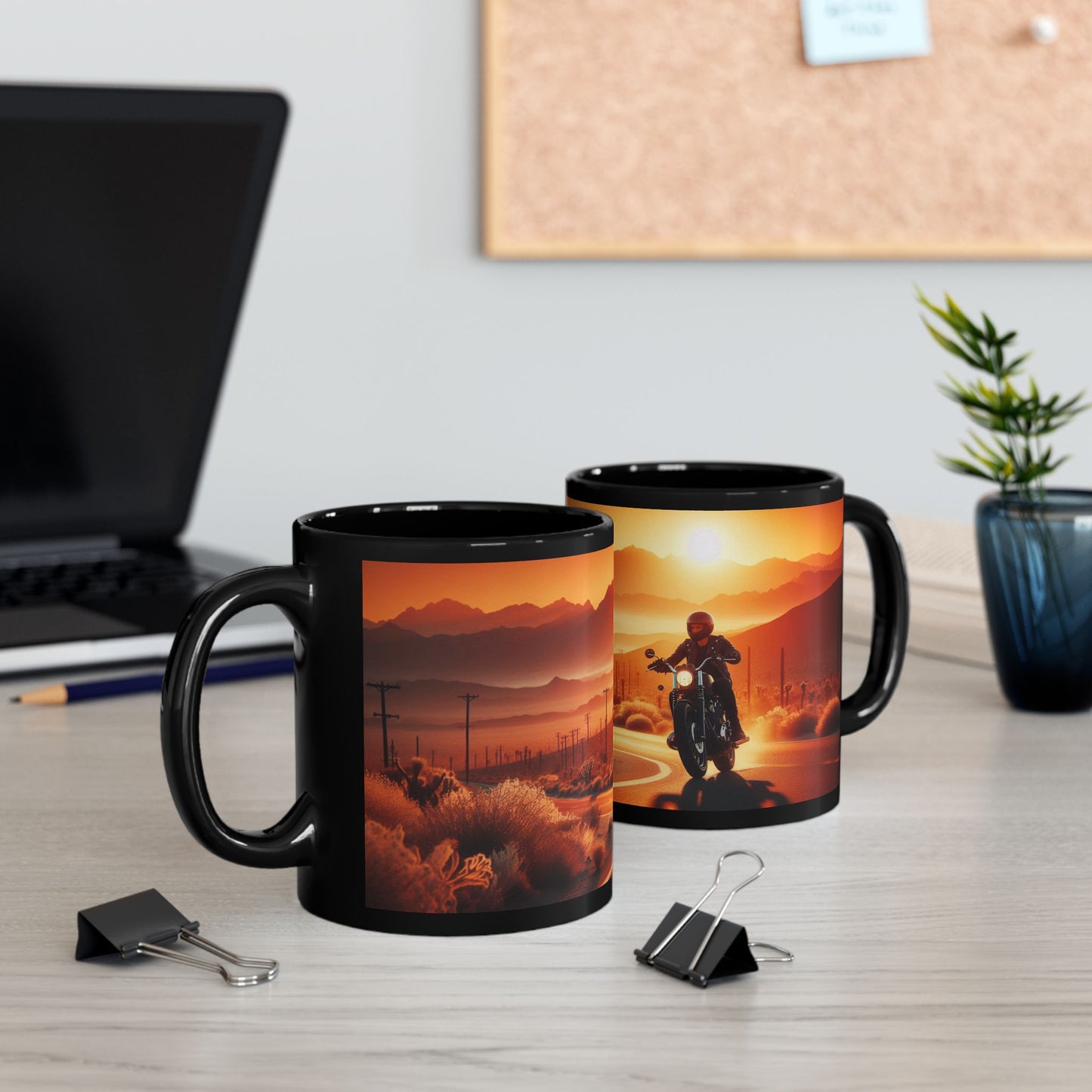 Mug: Motorcycle Ride at Sunrise- Black Coffee Cup