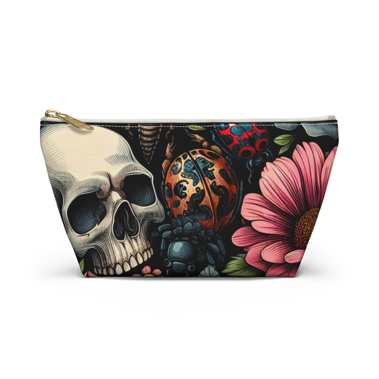 Gothic Floral Accessory Pouch, Makeup Bag, Travel Organizer, Gift for Her, Skull Design, Halloween Accessories, Motorcycle Bag