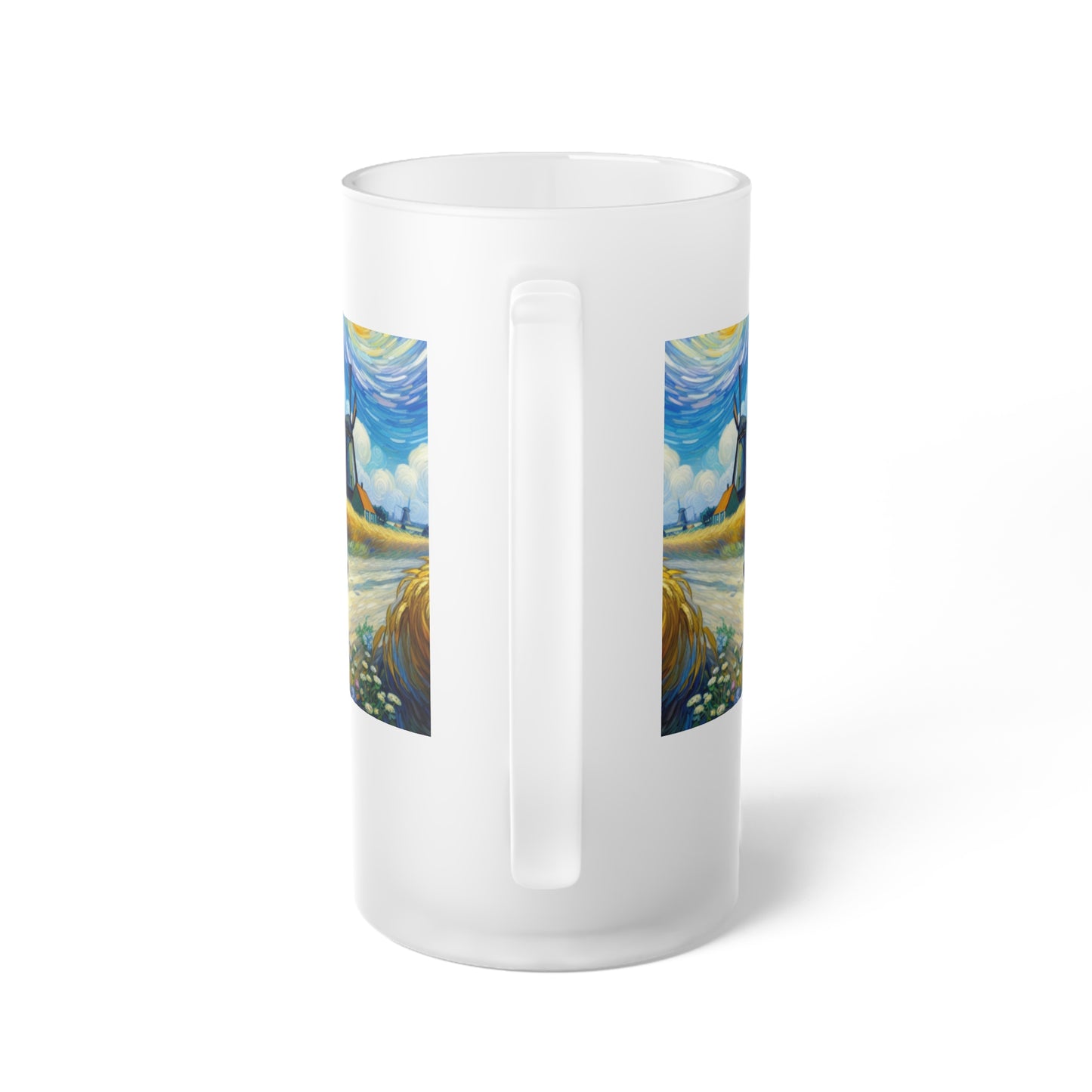 Frosted Glass Beer Mug - Perfect for Motorcycle Lovers & Sunflower Enthusiasts-Van Gogh Inspired Biker art