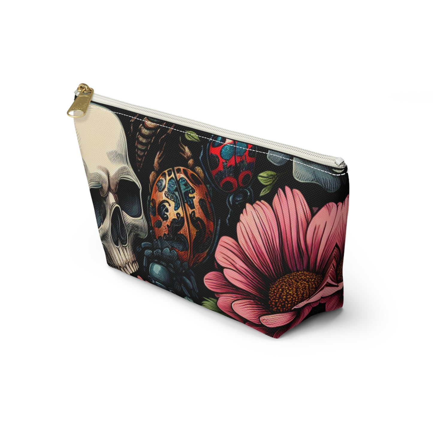 Gothic Floral Accessory Pouch, Makeup Bag, Travel Organizer, Gift for Her, Skull Design, Halloween Accessories, Motorcycle Bag