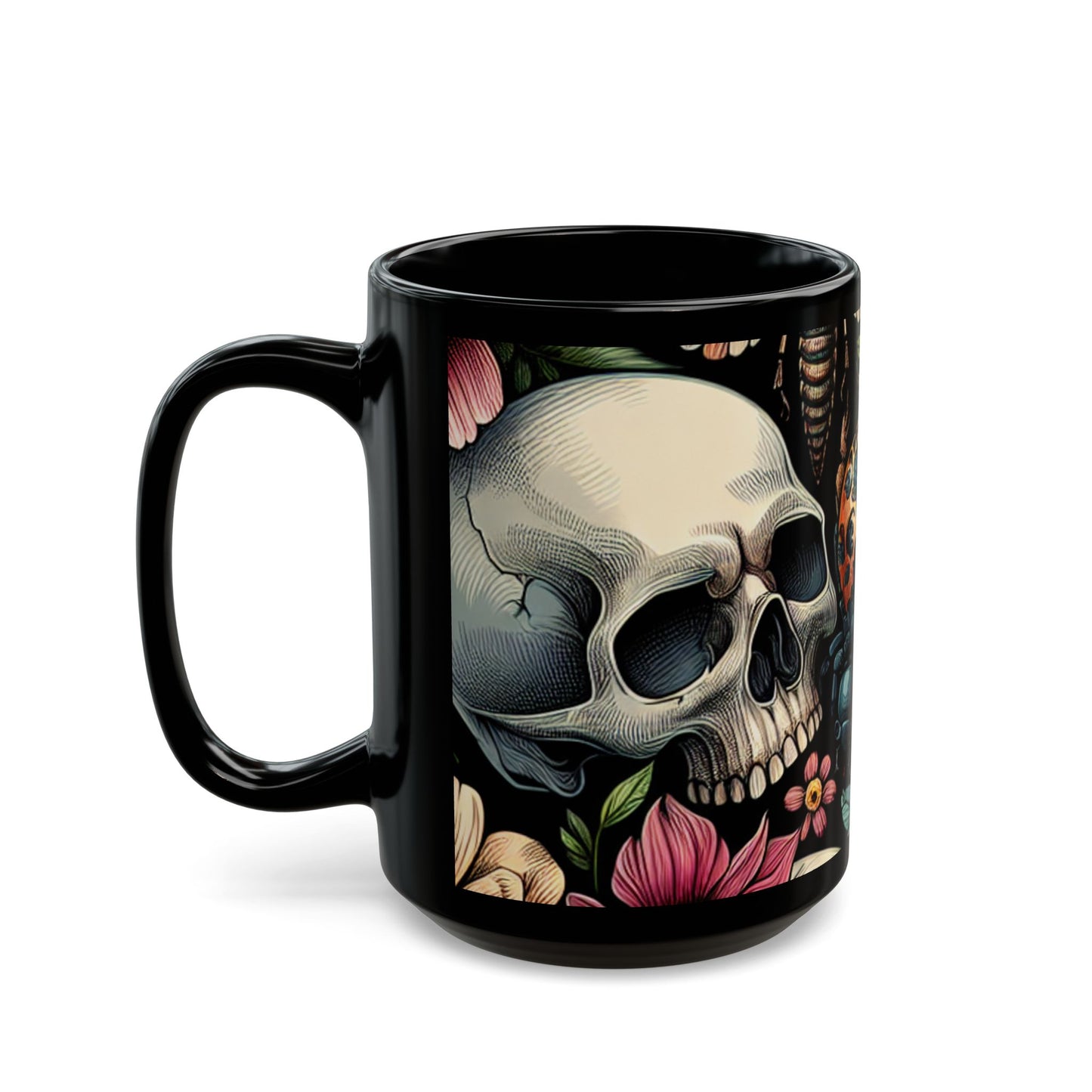 Mug - Floral Skull and Beetle Design-Gothic Kitchen-Graphic Skull Mug
