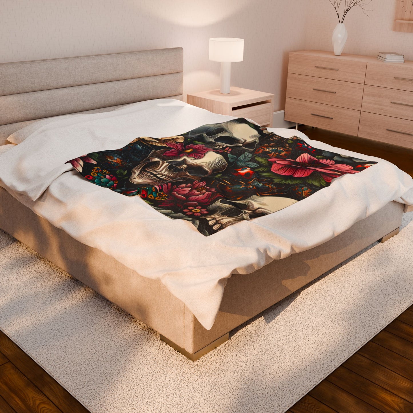 Gothic Floral Velveteen Plush Blanket, Cozy Skull Throw, Unique Home Decor, Halloween Blanket, Boho Chic Gift, Dark Aesthetic