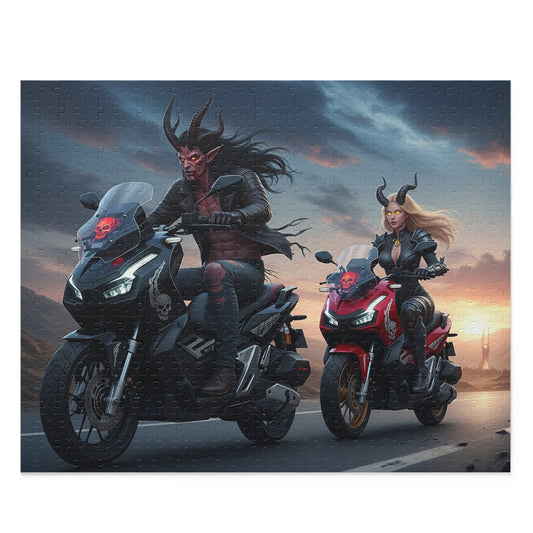 Demonic Biker Puzzle – 120, 252, 500-Piece Fantasy Jigsaw, Gift for Bikers, Gamers, Halloween Decor, Family Fun, Puzzle Lovers