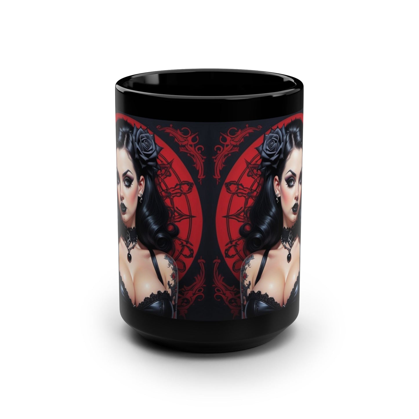 Mug - Gothic Pinup Girl Design-Edgy Unique Cup 15oz Black Drink Mug