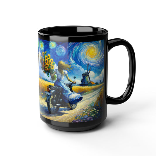 Van Gogh Inspired Artistic 15oz Black Mug - Vintage Inspired Sunflower & Motorcycle Design