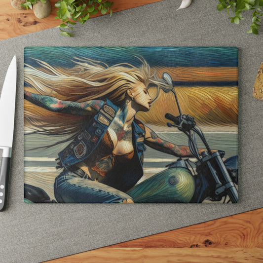 Biker Chic Glass Cutting Board | Unique Kitchen Decor, Gift for Her, Motorcycle Lover, Housewarming, Artful Cooking