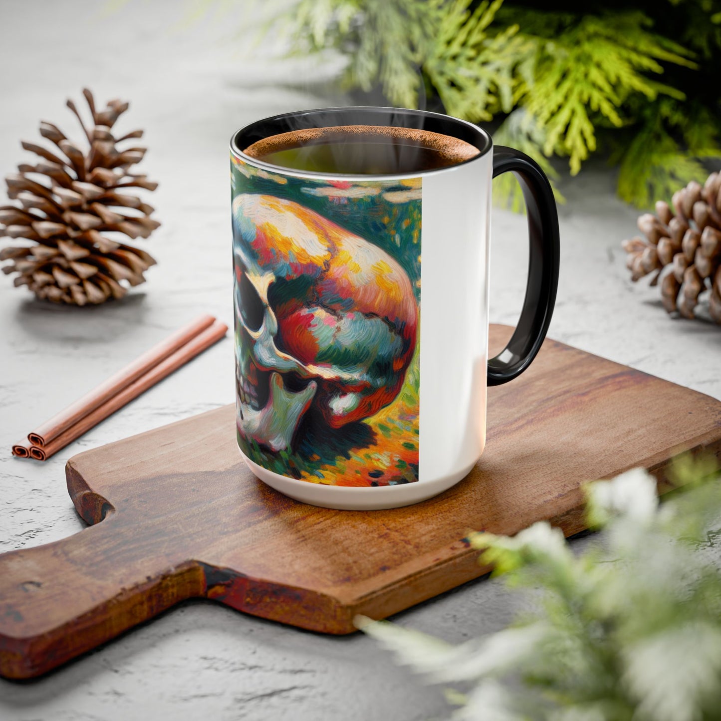 Mug - Colorful Monet Style Skull-Skull and Flowers Coffee Cup