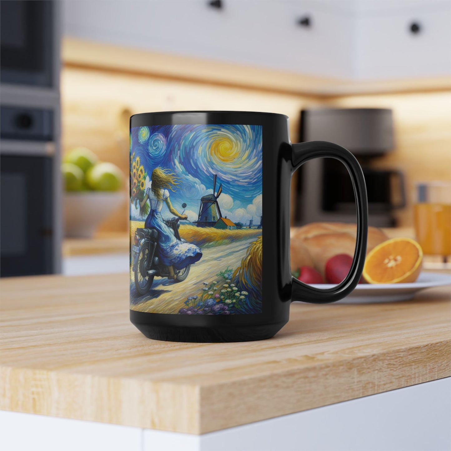 Van Gogh Inspired Artistic 15oz Black Mug - Vintage Inspired Sunflower & Motorcycle Design