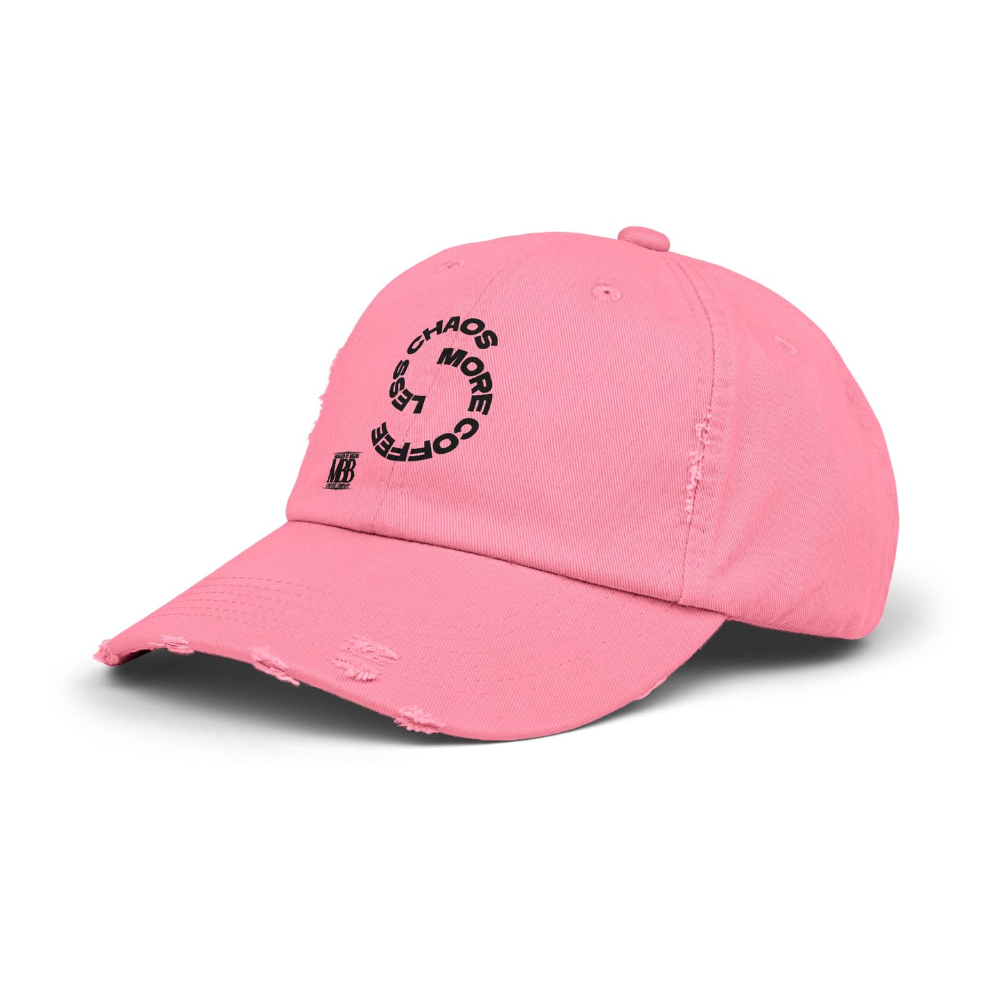 Distressed Unisex Cap with 'Less Chaos More Coffee' Design, Casual Headwear, Gift for Coffee Lovers, Trendy Hat, Relaxed Fit Cap