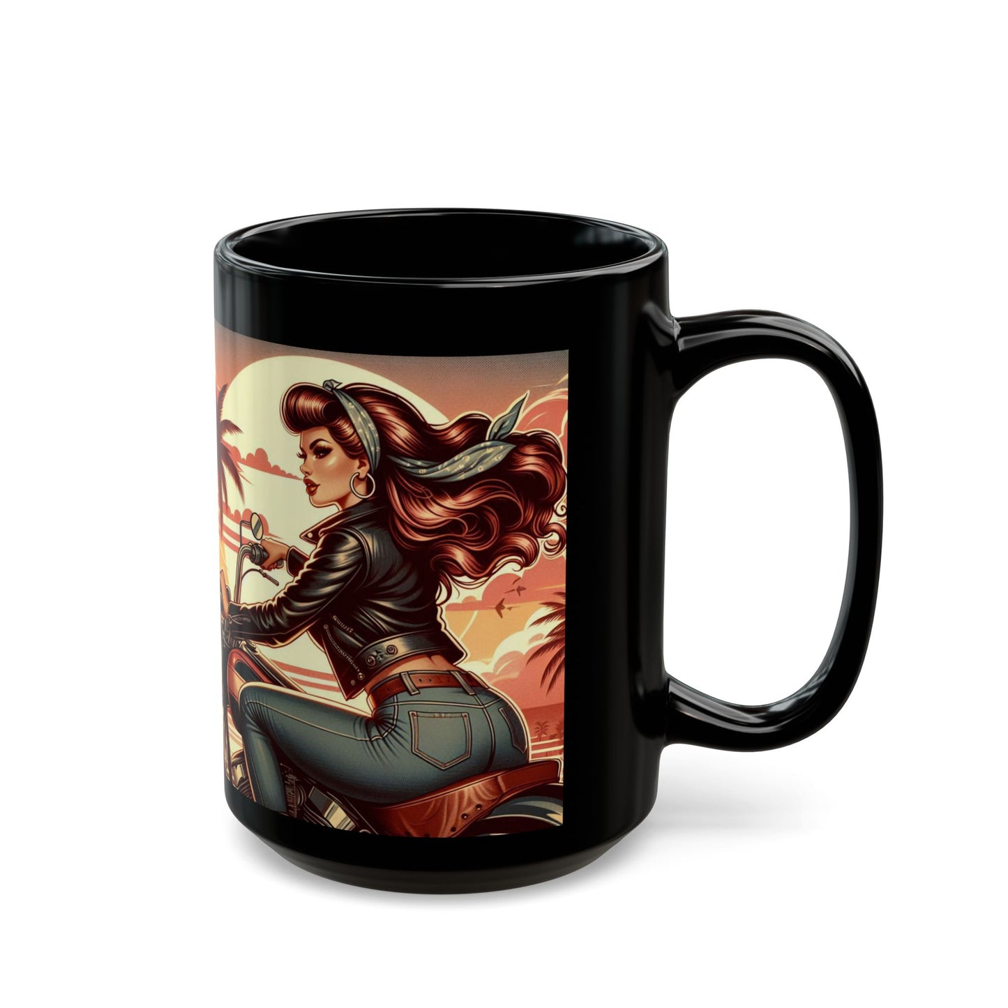 Mug-Sunset Beach Ride-Pin Up Girl Coffee Cup - Unique Gift for Bikers