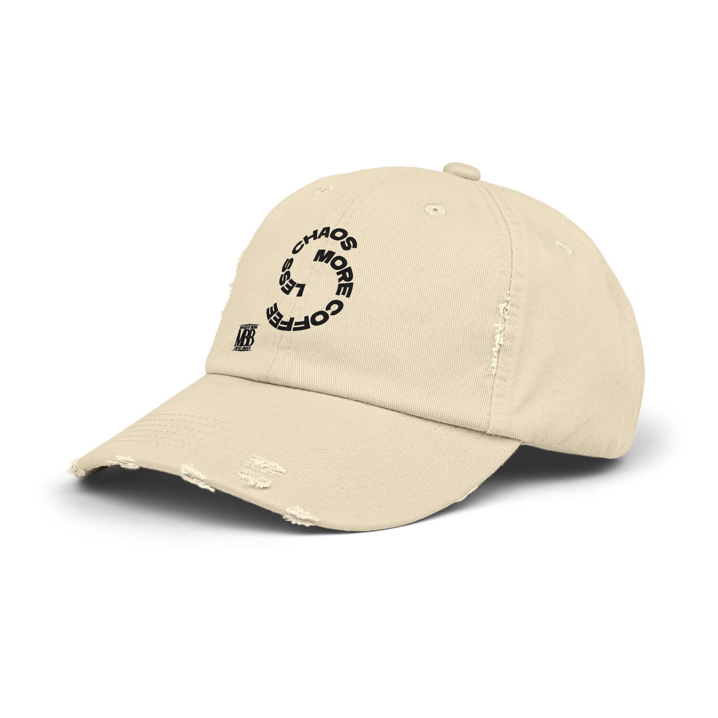 Distressed Unisex Cap with 'Less Chaos More Coffee' Design, Casual Headwear, Gift for Coffee Lovers, Trendy Hat, Relaxed Fit Cap
