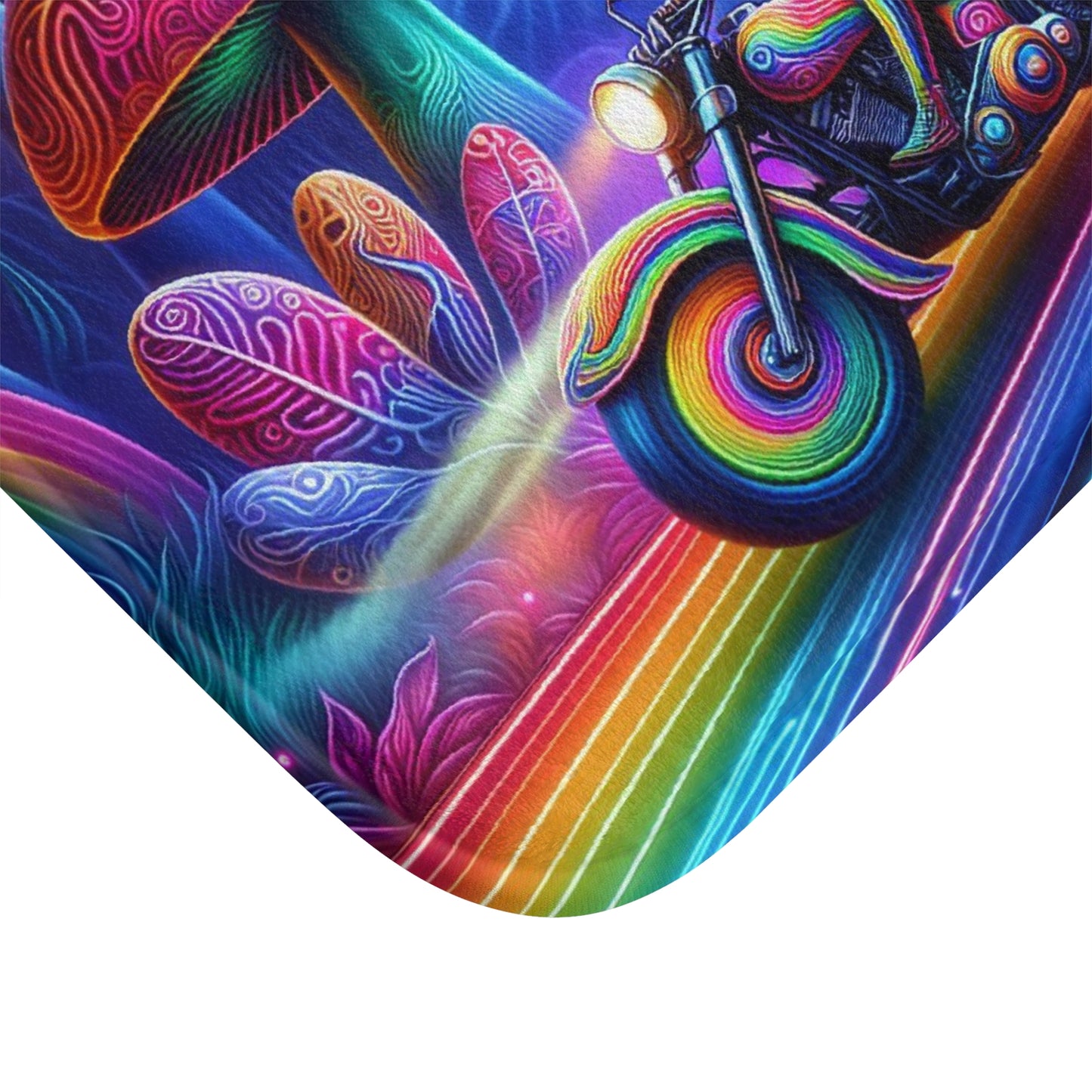 Bath Mat-Psychedelic Motorcycle Trip-Vibrant Rug for Bathroom Decor, Gift for Bikers, Rainbow Home Accessory, Fun Summer Vibe