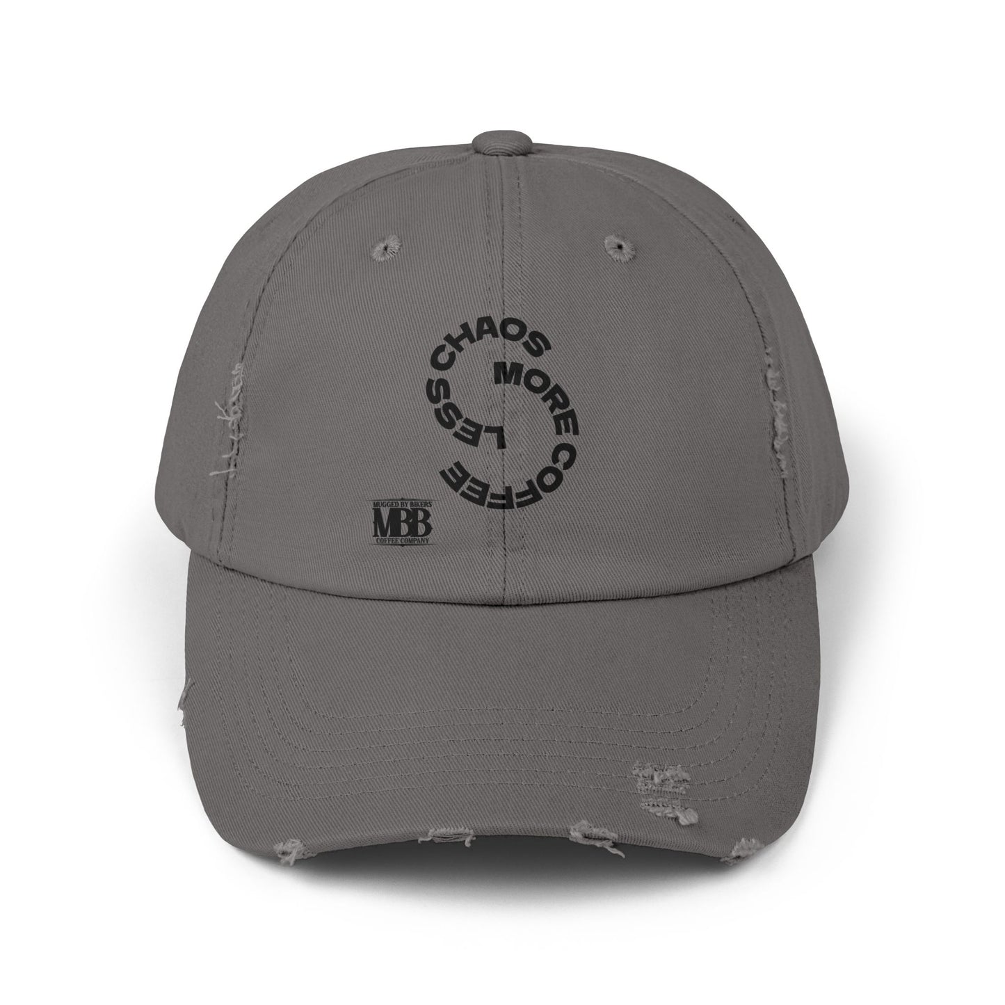 Distressed Unisex Cap with 'Less Chaos More Coffee' Design, Casual Headwear, Gift for Coffee Lovers, Trendy Hat, Relaxed Fit Cap
