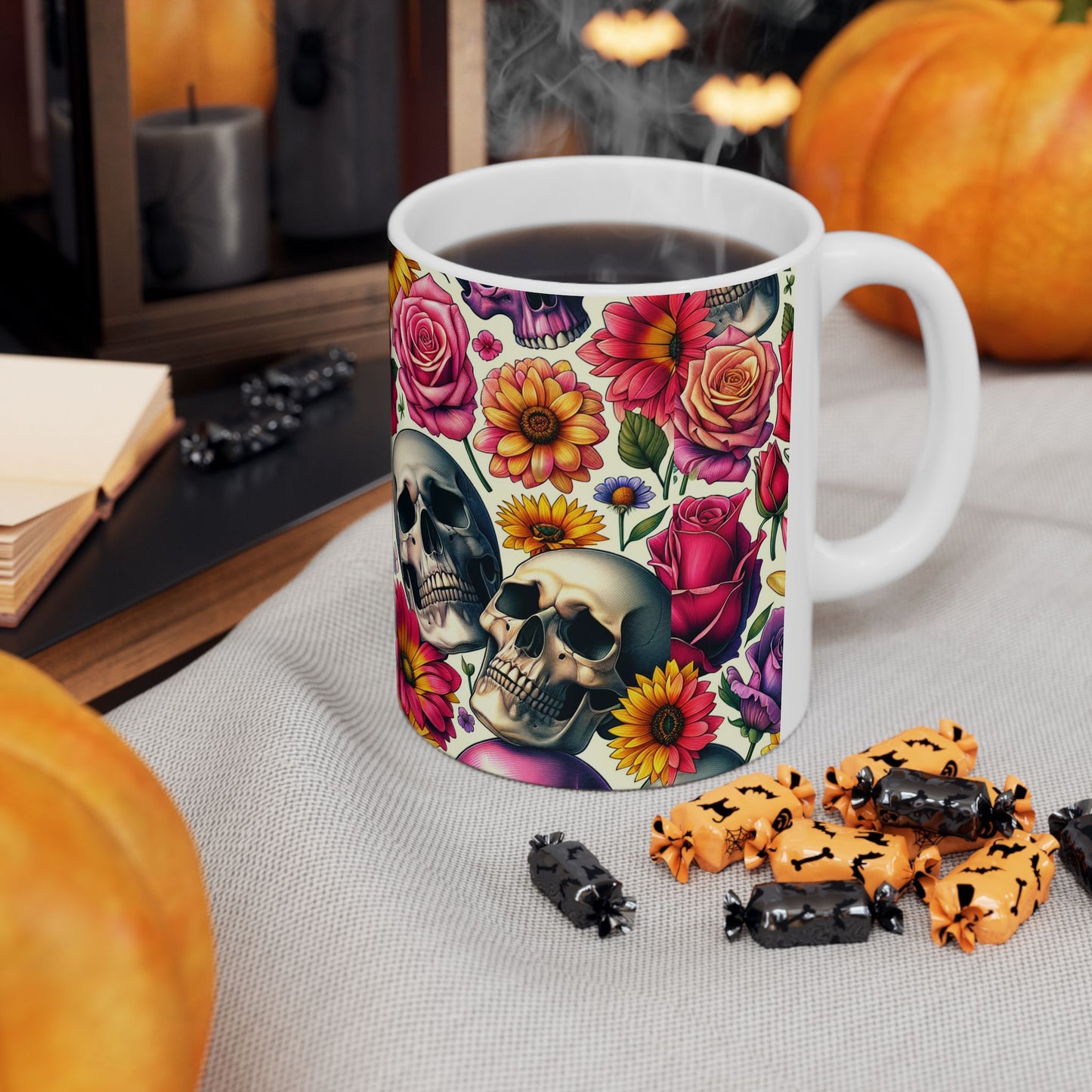 Stylish Floral Skull Mug, Unique Coffee Cup, Gothic Floral Drinkware, Perfect Gift for Birthdays, Home Decor, Halloween